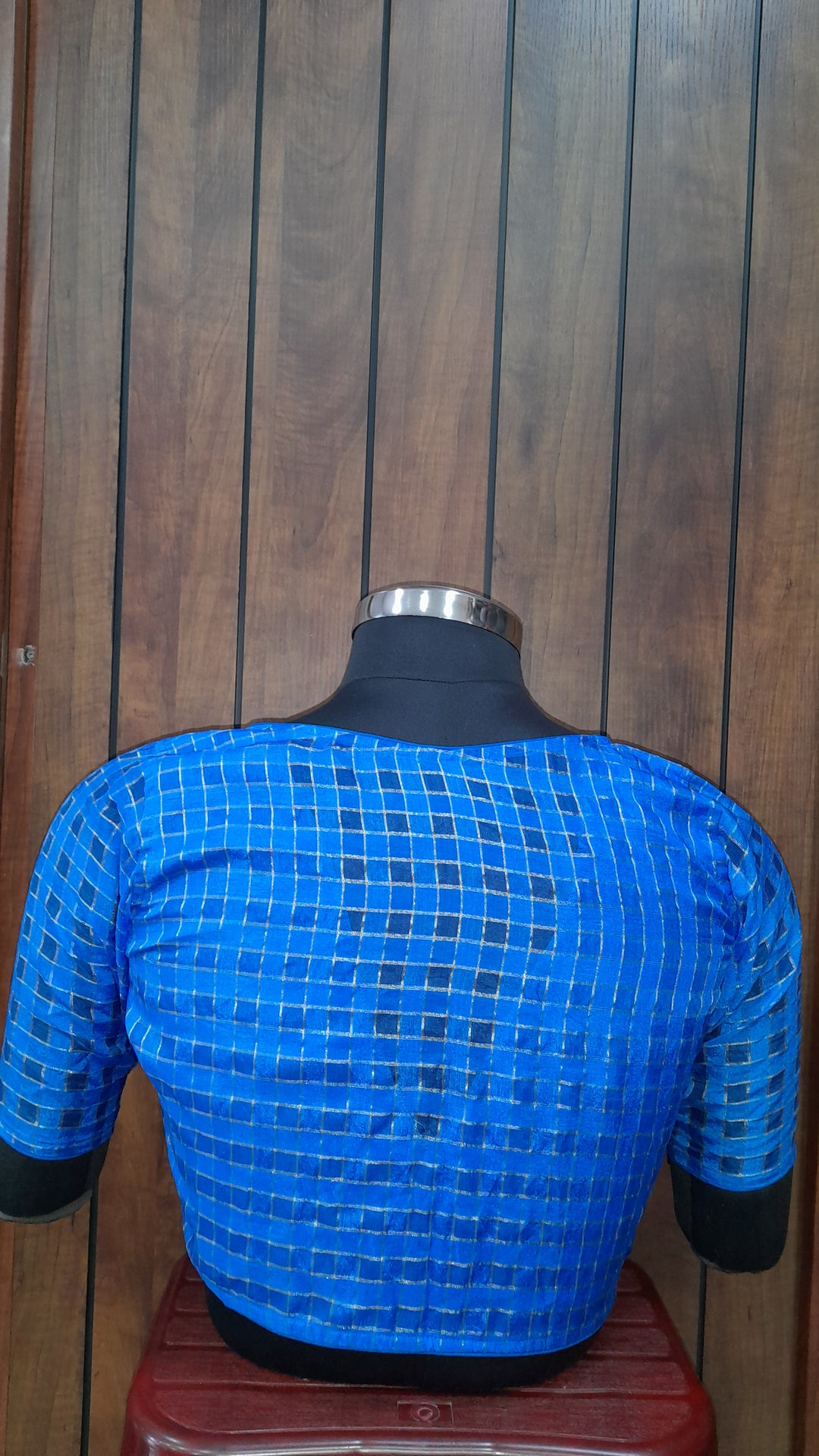 Blue Banarasi Silk Checks | Elbow Sleeve Saree Blouse