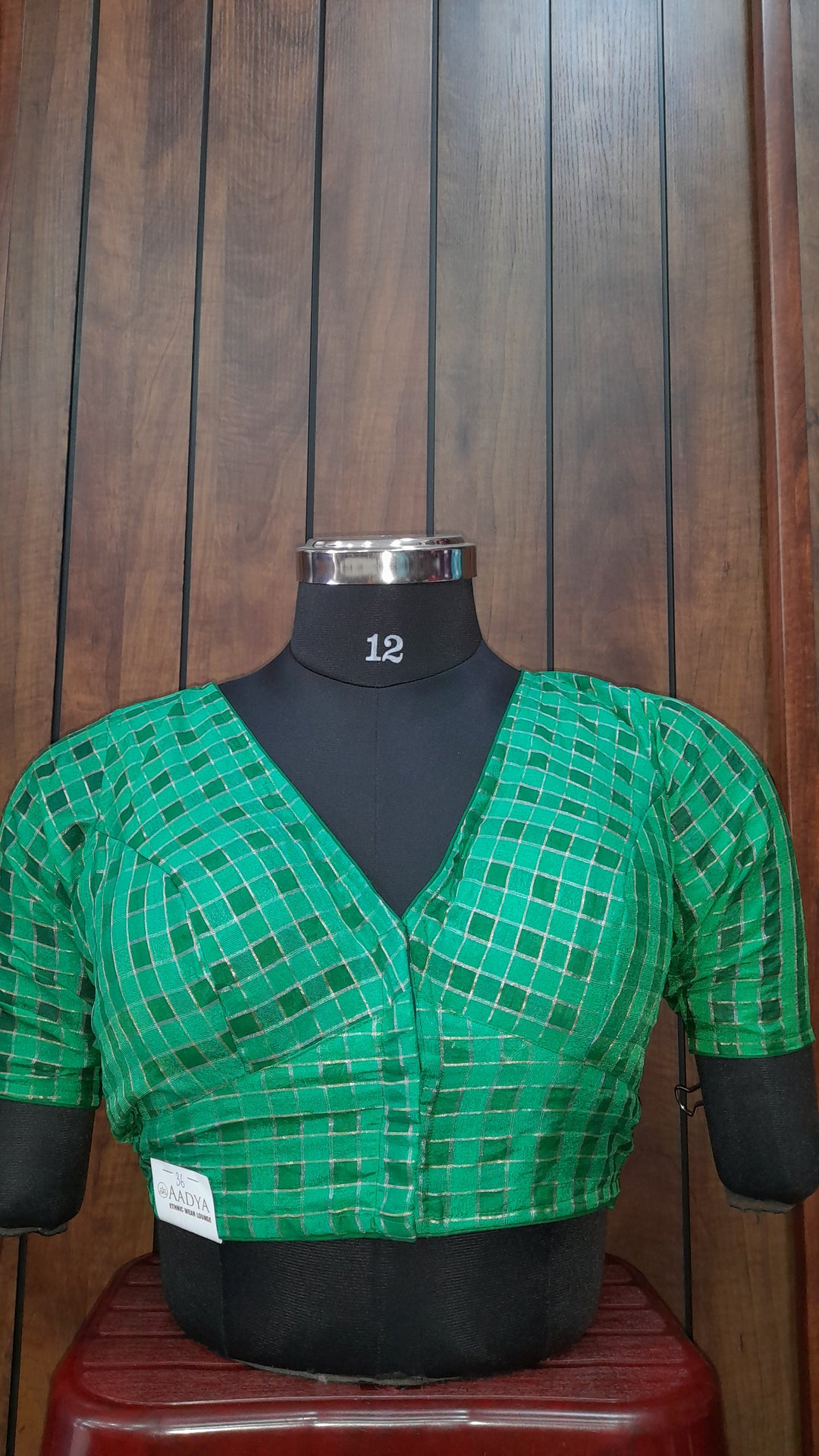 Green Banarasi Silk Checks | Elbow Sleeve Saree Blouse