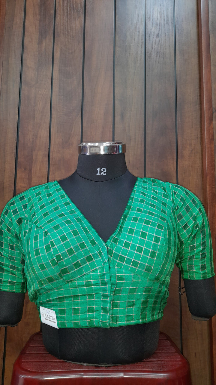 Green Banarasi Silk Checks | Elbow Sleeve Saree Blouse