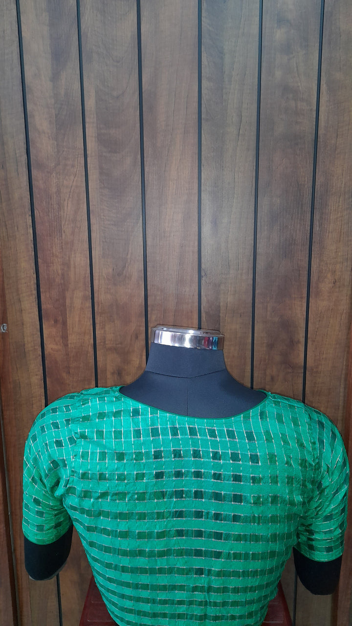 Green Banarasi Silk Checks | Elbow Sleeve Saree Blouse