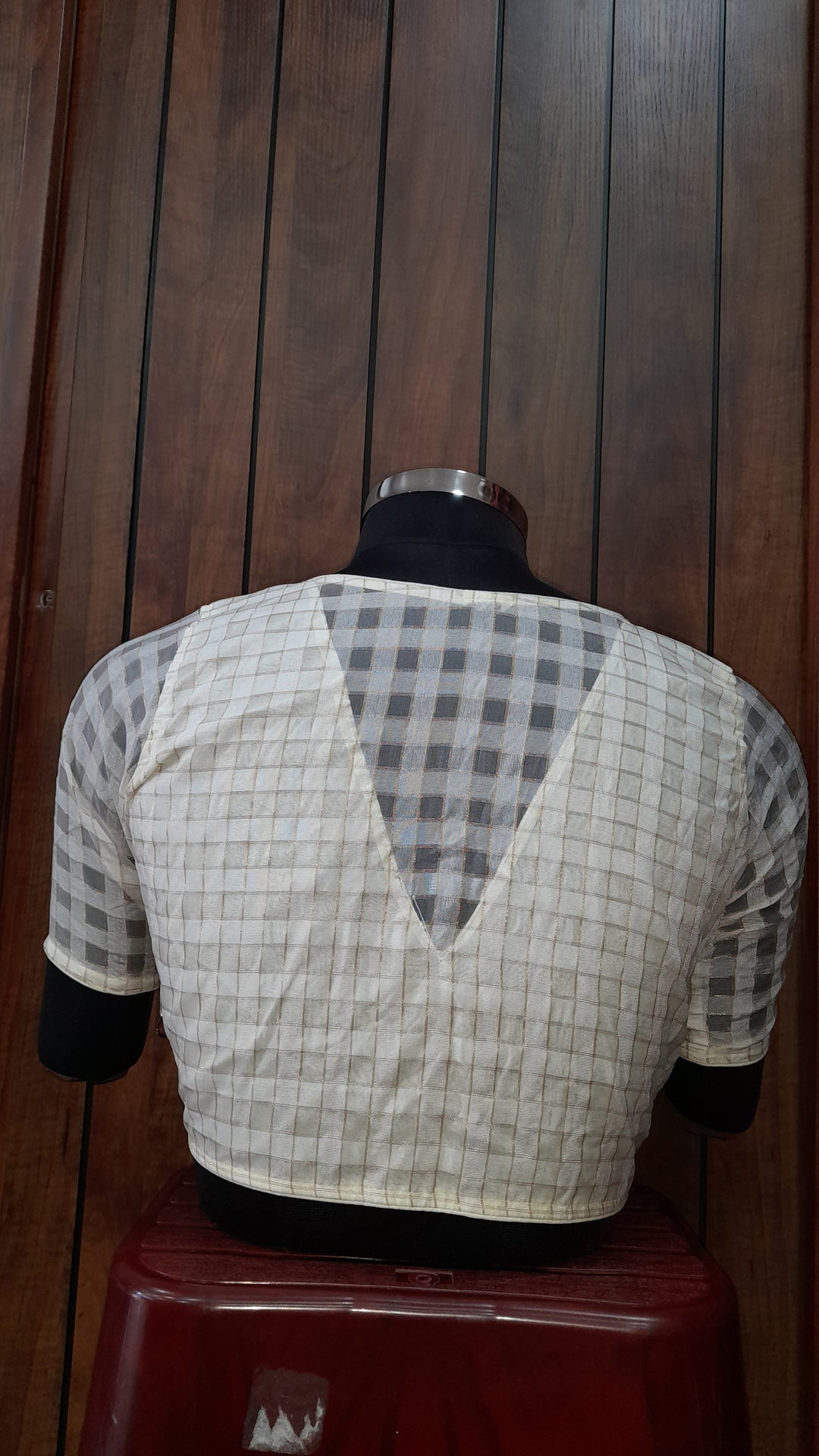 Off-white Banarasi Silk Checks | Elbow Sleeve Saree Blouse