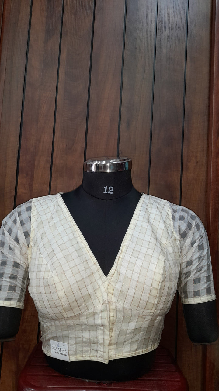 Off-white Banarasi Silk Checks | Elbow Sleeve Saree Blouse