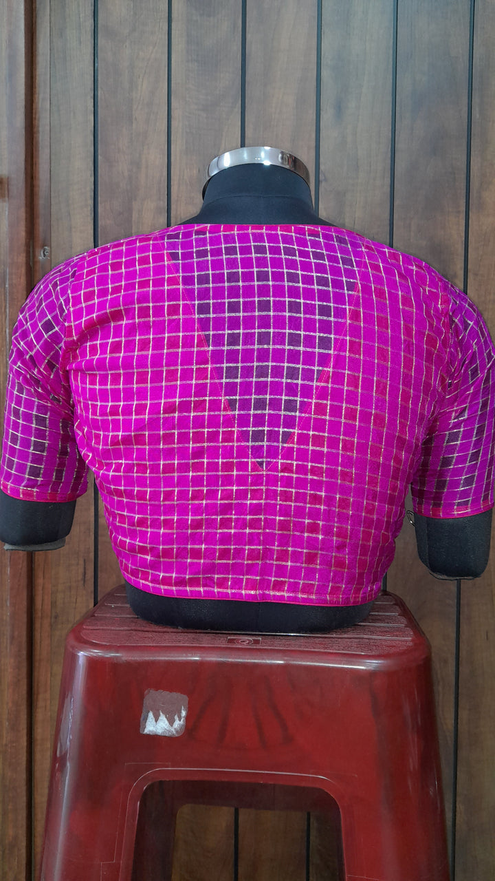 Pink Banarasi Silk Checks | Elbow Sleeve Saree Blouse