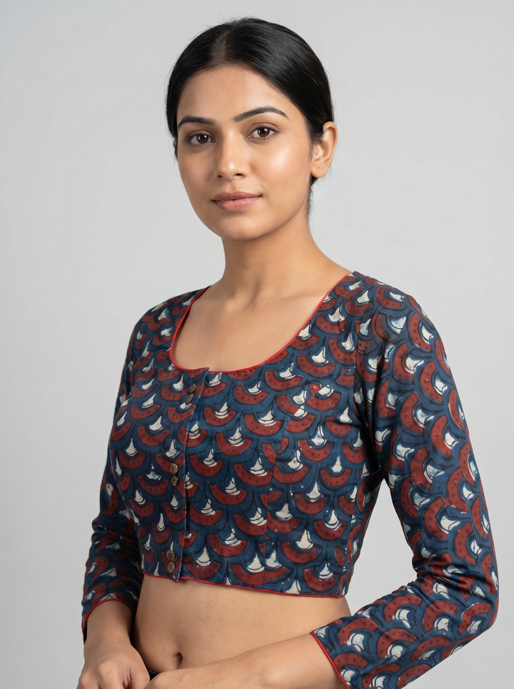 Teal Blue Ajrakh Print Cotton | Standard Readymade Saree Blouse