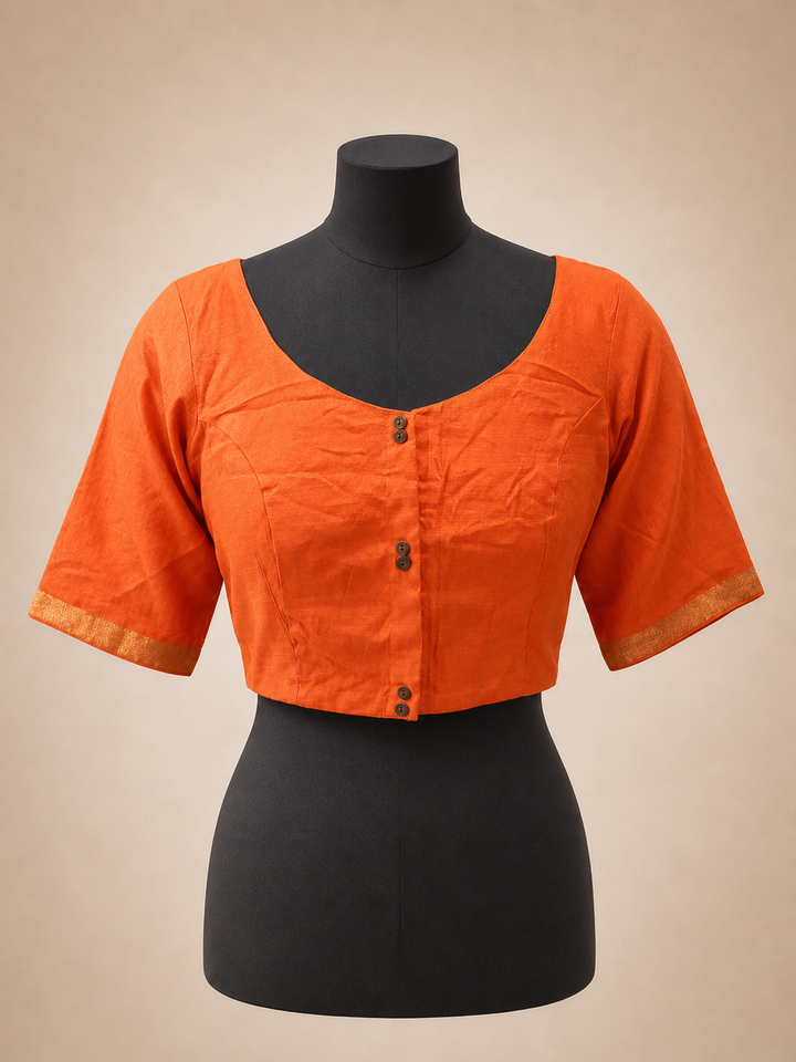 Orange Raw Silk Plain | Elbow Sleeve Saree Blouse
