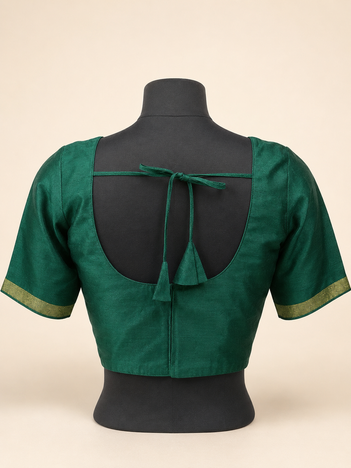 Green Raw Silk Plain | Elbow Sleeve Saree Blouse
