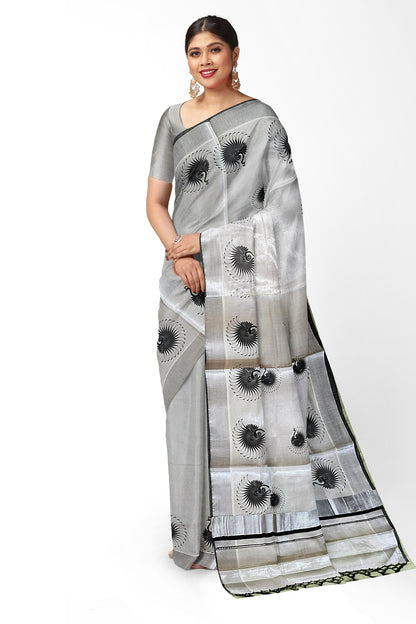 Kuthampully Silver Tissue Saree