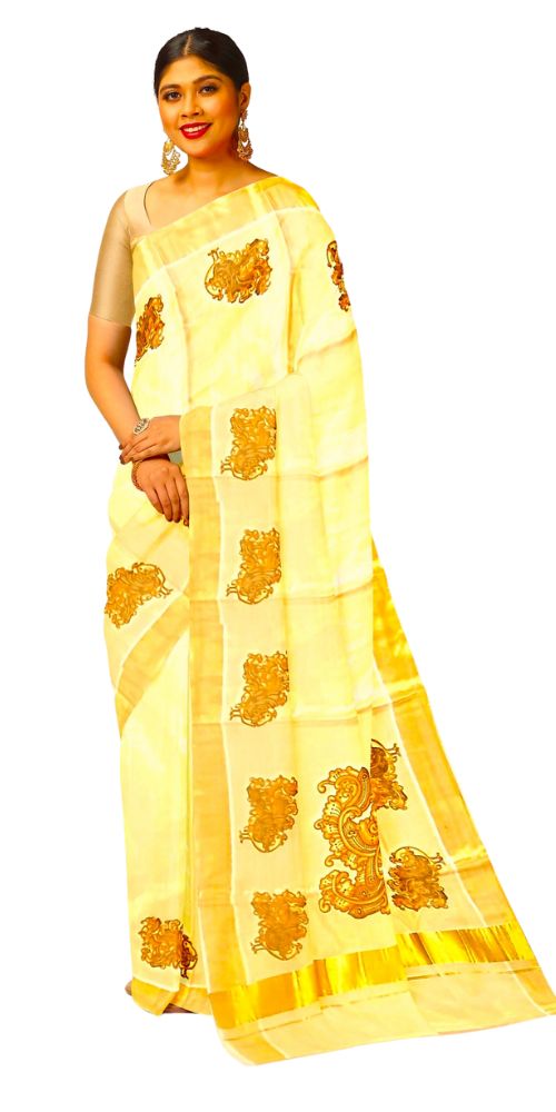 Kuthampully Golden Tissue Saree