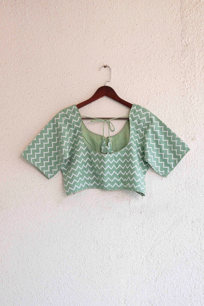 Readymade Green & White Combination Zig-zag Design Pure Cotton Blouse