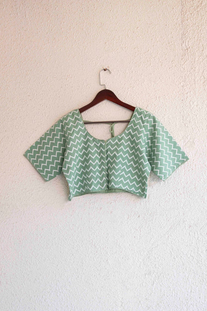 Readymade Green & White Combination Zig-zag Design Pure Cotton Blouse