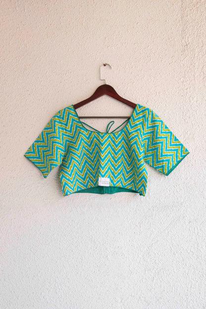 Readymade Blue and Green Combination Zig-zag Design Pure Cotton Blouse