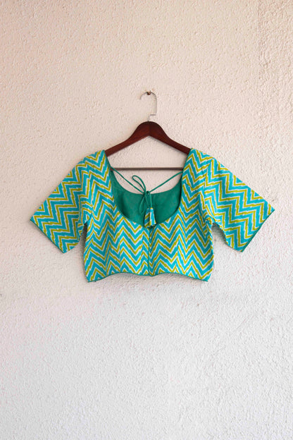 Readymade Blue and Green Combination Zig-zag Design Pure Cotton Blouse