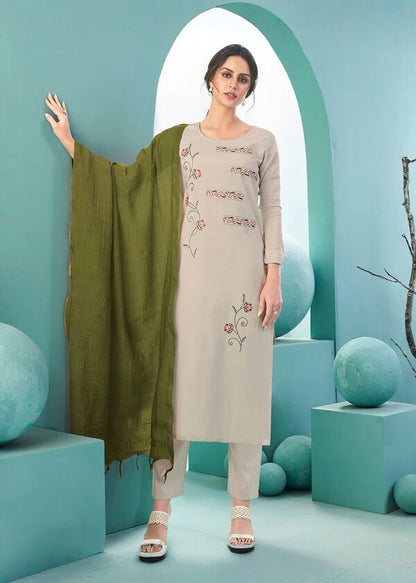 Pure Cotton Embroidered Kurti with Straight Pant Dupatta Set