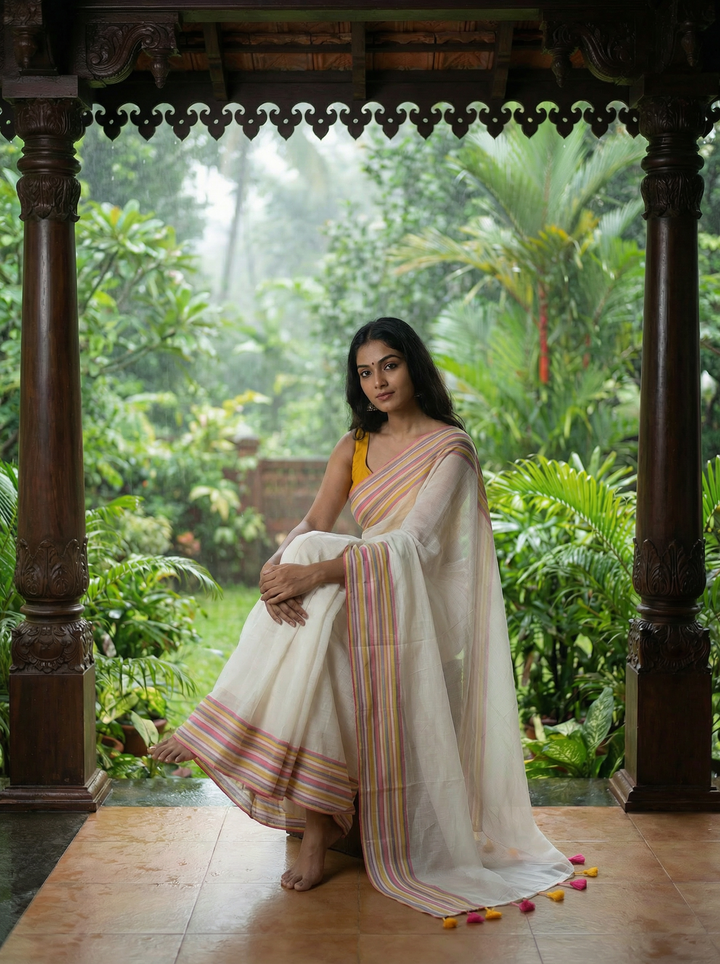 Off-White Handwoven Pure Mul Cotton Saree with Multicolor Striped Border