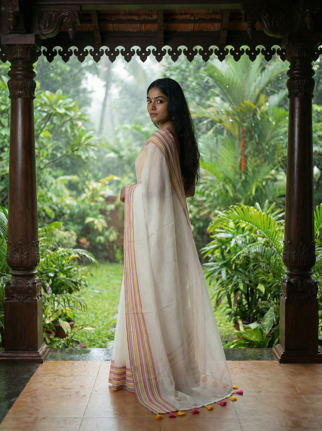 Off-White Handwoven Pure Mul Cotton Saree with Multicolor Striped Border
