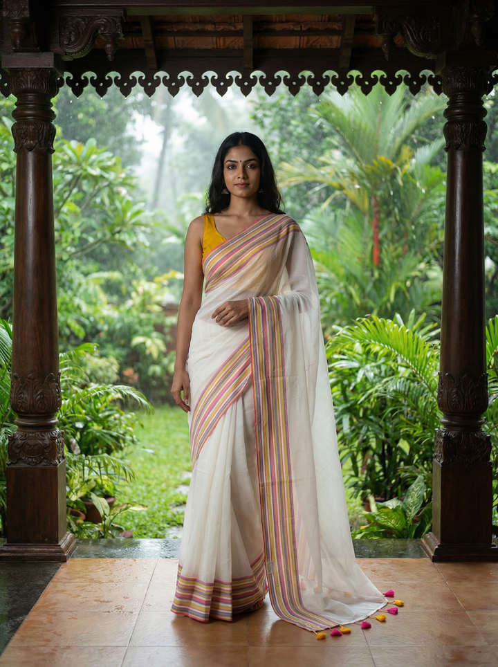 Off-White Handwoven Pure Mul Cotton Saree with Multicolor Striped Border