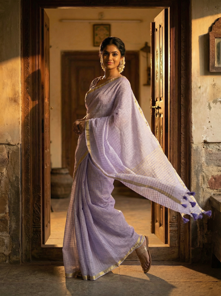 Lavender Pure Mul Cotton Saree with Gold Zari Border