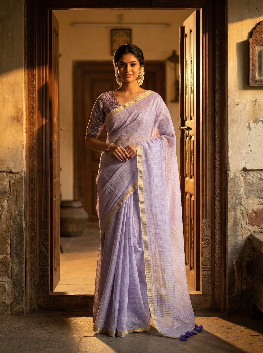 Lavender Pure Mul Cotton Saree with Gold Zari Border