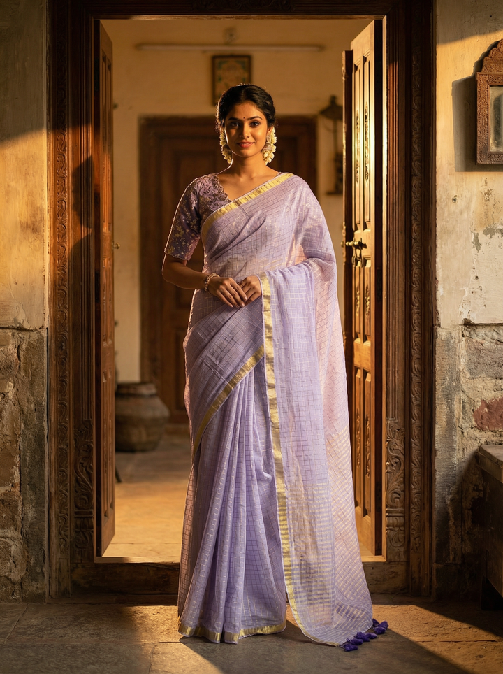 Lavender Pure Mul Cotton Saree with Gold Zari Border