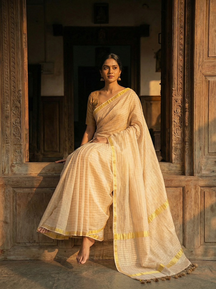 Beige Handwoven Pure Mul Cotton Saree with Minimal Gold Zari Border