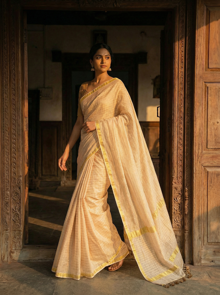 Beige Handwoven Pure Mul Cotton Saree with Minimal Gold Zari Border