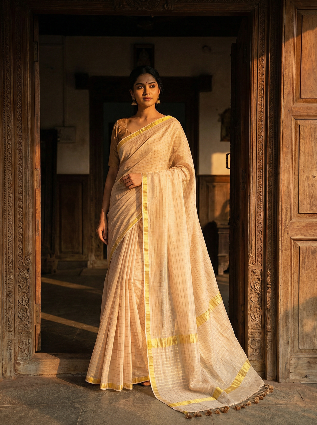 Beige Handwoven Pure Mul Cotton Saree with Minimal Gold Zari Border