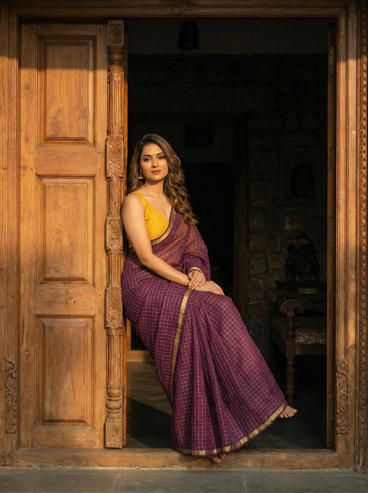 Plum Handwoven Pure Mul Cotton Saree with Contrast Gold Zari Border