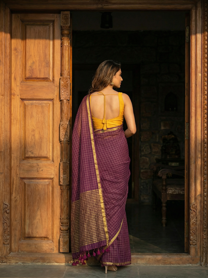 Plum Handwoven Pure Mul Cotton Saree with Contrast Gold Zari Border
