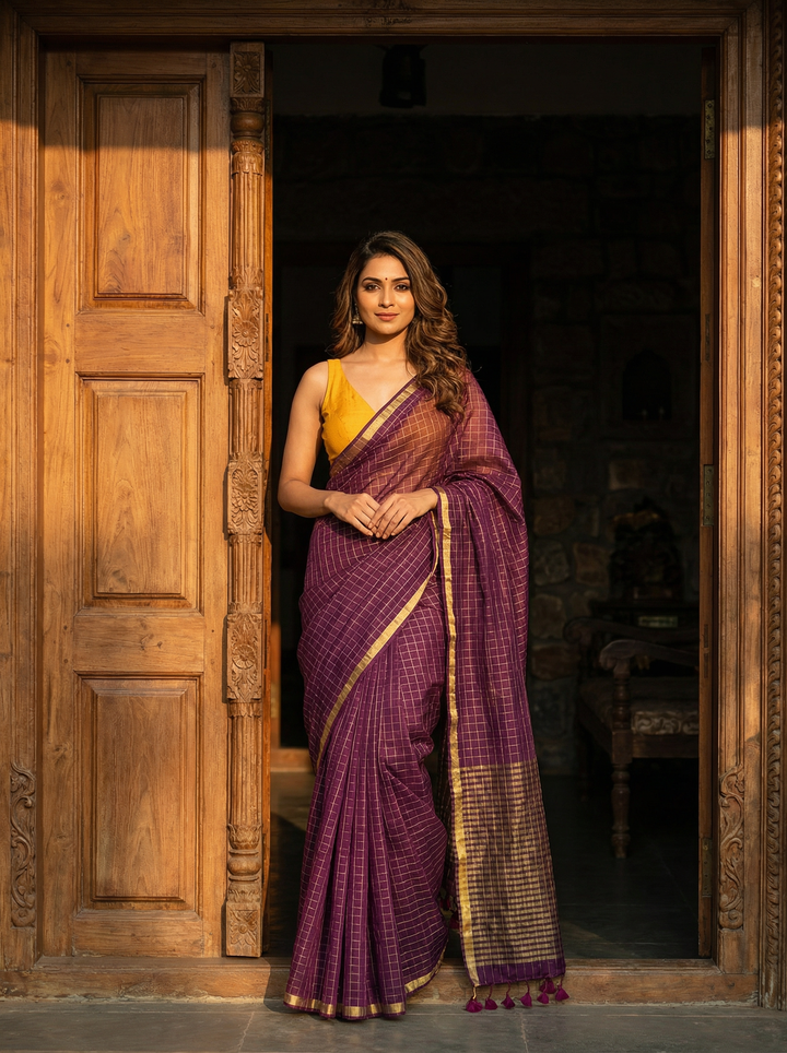 Plum Handwoven Pure Mul Cotton Saree with Contrast Gold Zari Border