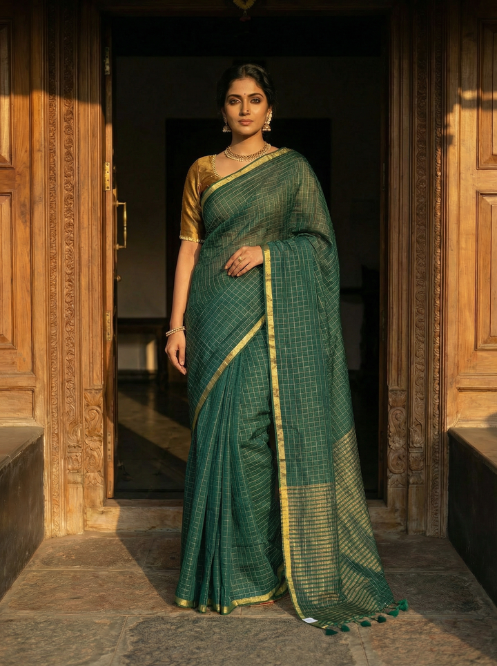 Deep Green Handwoven Pure Mul Cotton Saree with Gold Zari Border