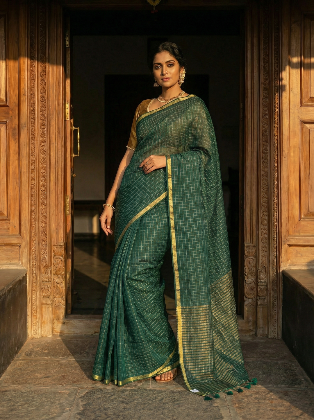 Deep Green Handwoven Pure Mul Cotton Saree with Gold Zari Border