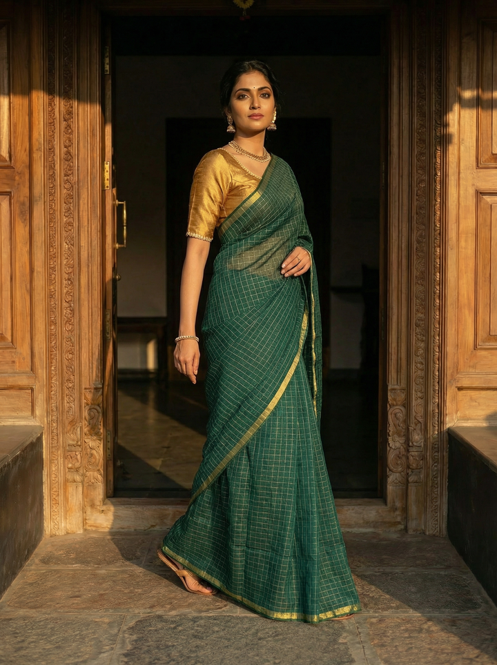 Deep Green Handwoven Pure Mul Cotton Saree with Gold Zari Border