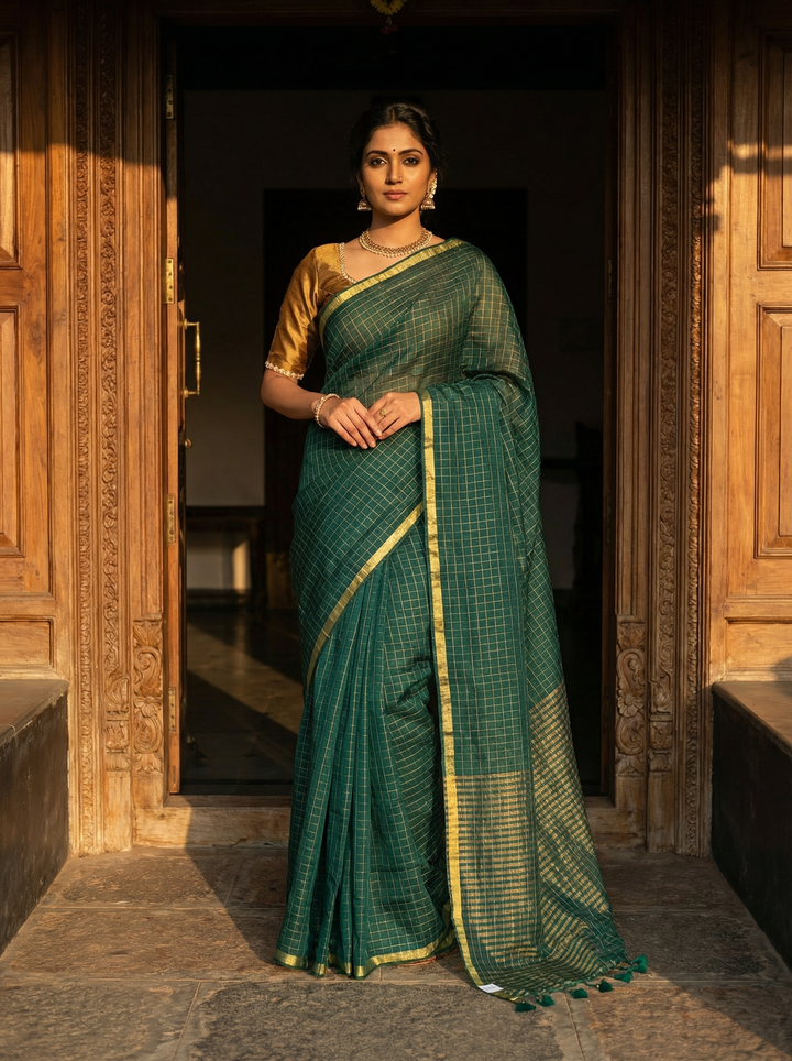 Deep Green Handwoven Pure Mul Cotton Saree with Gold Zari Border