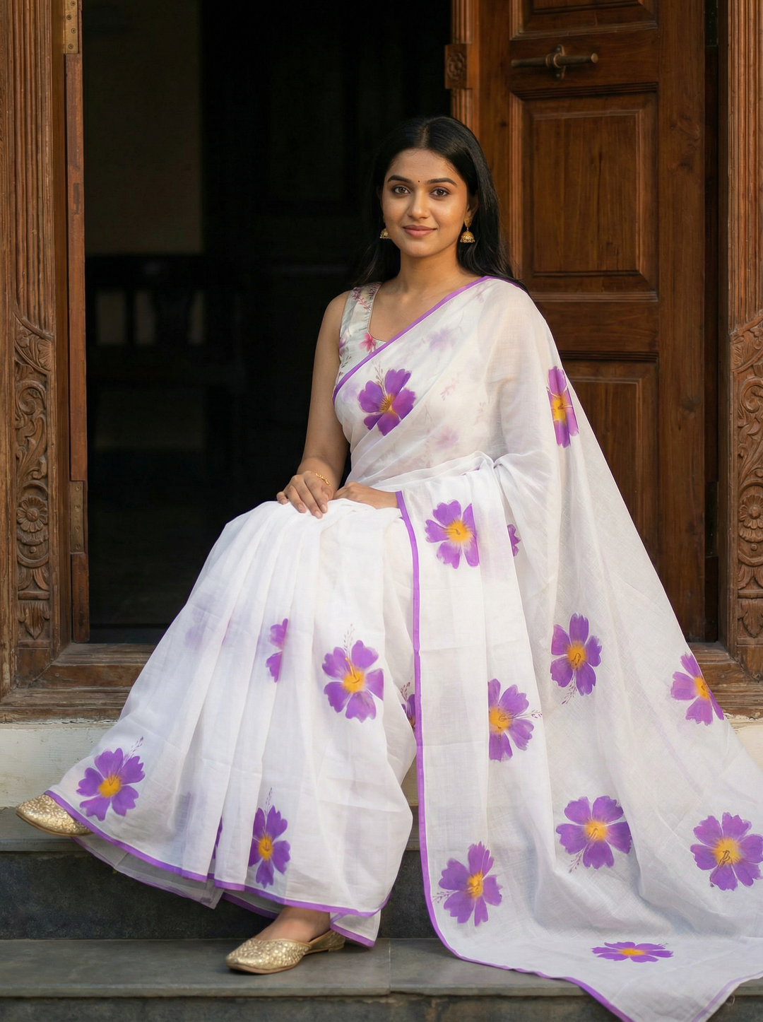 Off-White Pure Mul Cotton Saree with Purple Floral Print and Solid Border