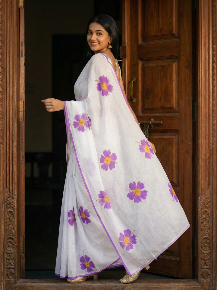 Off-White Pure Mul Cotton Saree with Purple Floral Print and Solid Border
