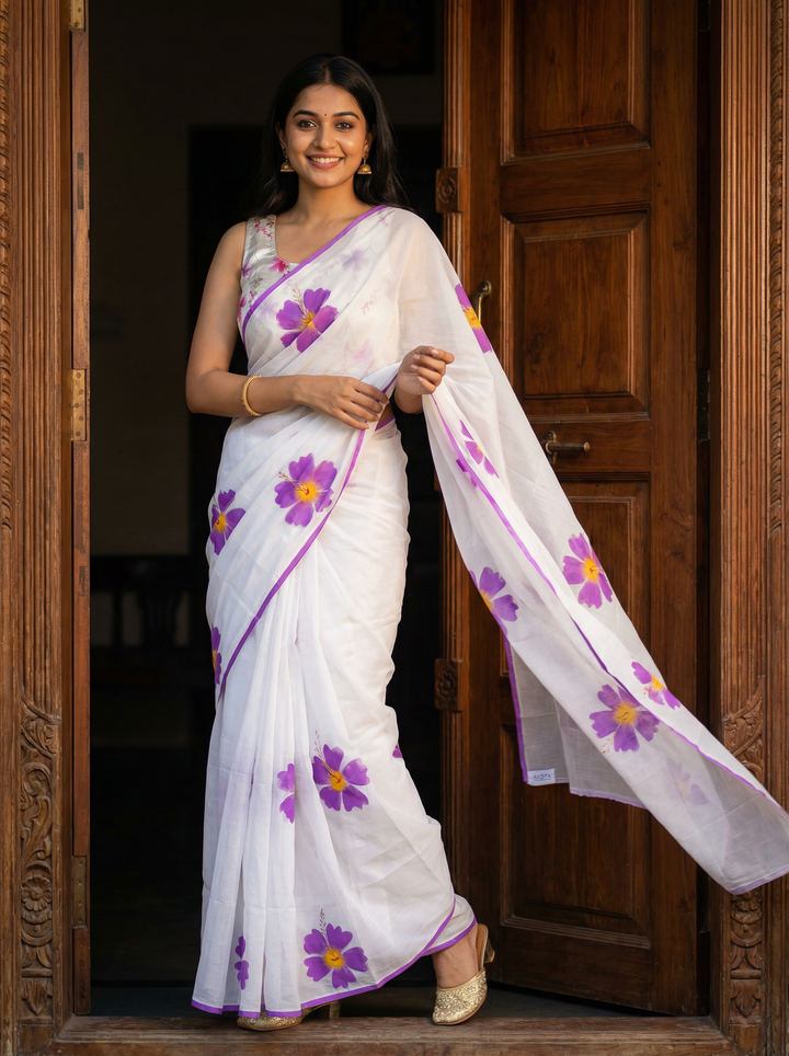 Off-White Pure Mul Cotton Saree with Purple Floral Print and Solid Border