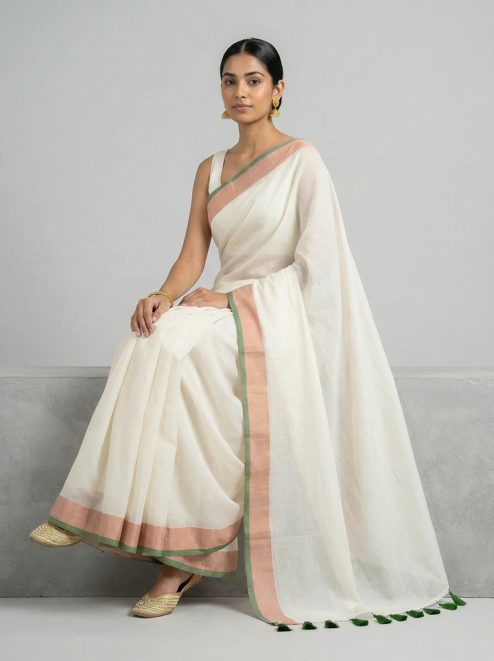 Ivory Pure Mul Cotton Saree with Peach and Green Border