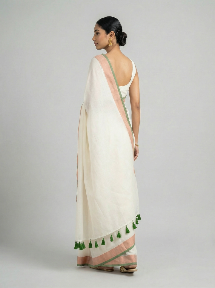 Ivory Pure Mul Cotton Saree with Peach and Green Border
