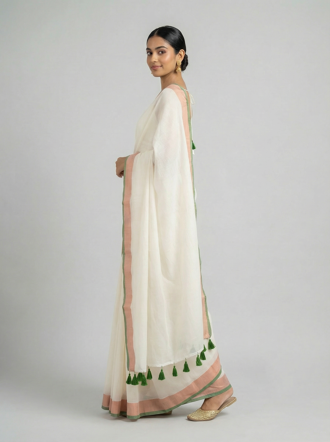 Ivory Pure Mul Cotton Saree with Peach and Green Border