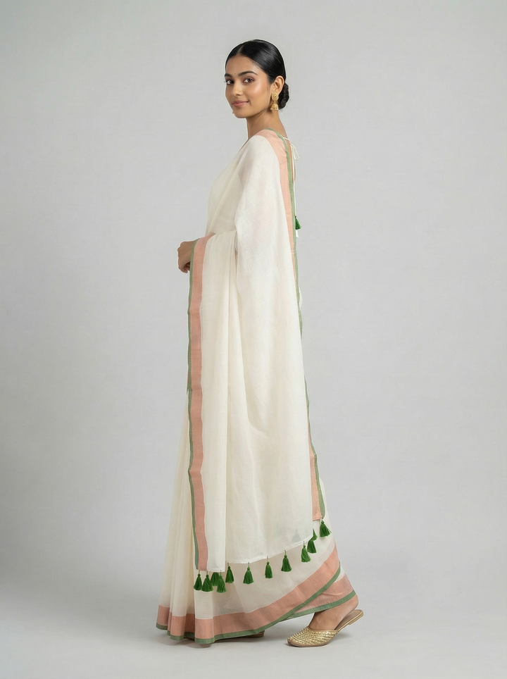 Ivory Pure Mul Cotton Saree with Peach and Green Border