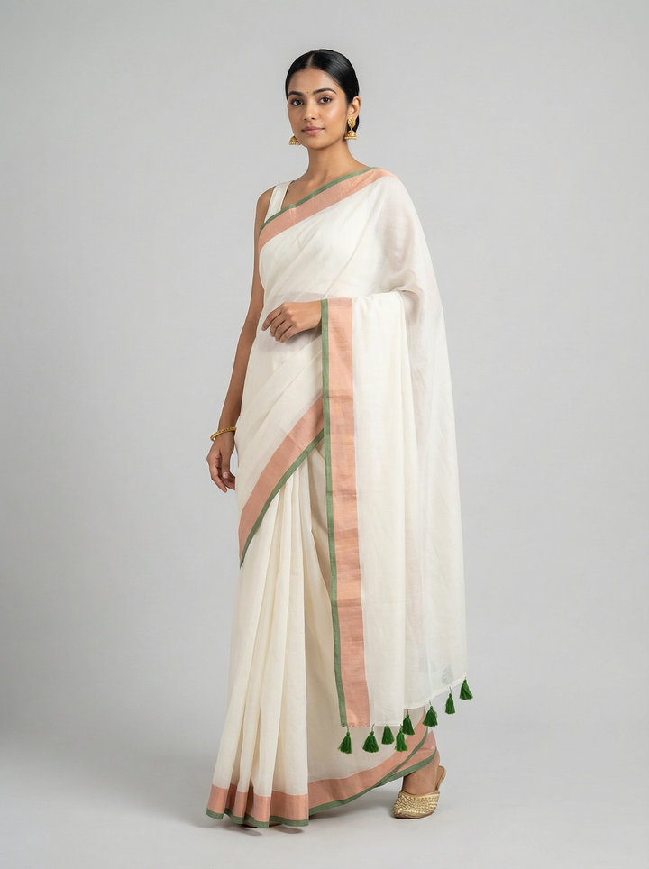 Ivory Pure Mul Cotton Saree with Peach and Green Border