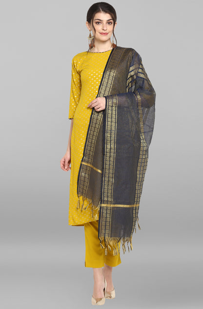 Mustard Poly Crepe Gold Print Kurta with Pant and Dupatta