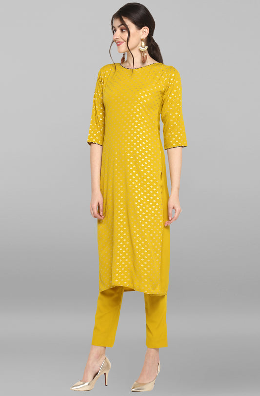 Mustard Poly Crepe Gold Print Kurta with Pant and Dupatta