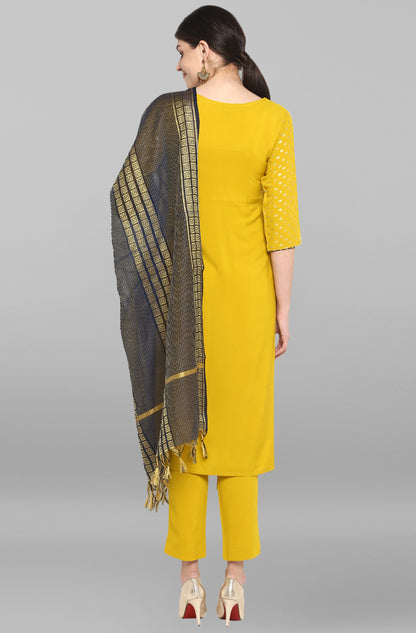 Mustard Poly Crepe Gold Print Kurta with Pant and Dupatta