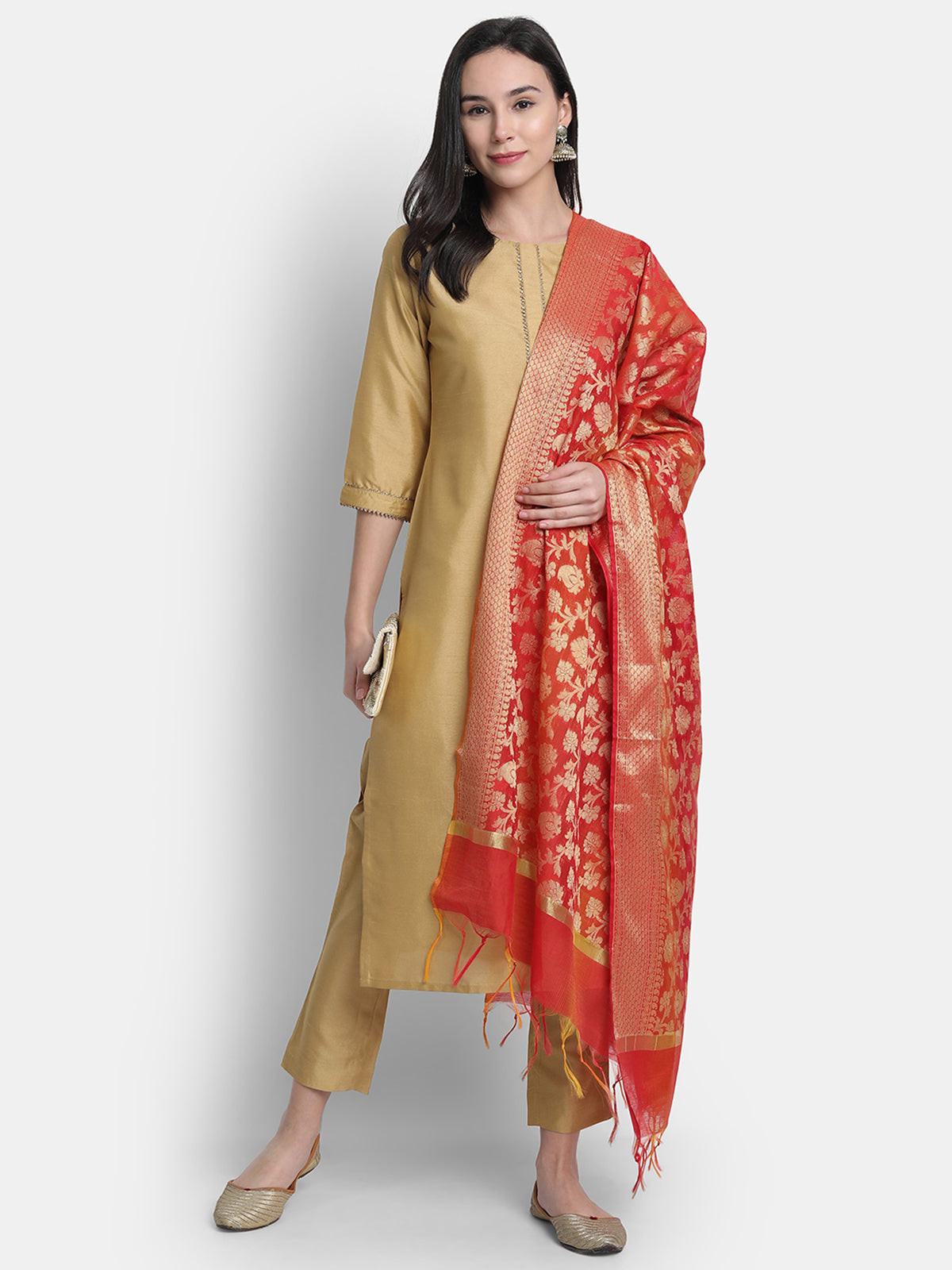 Gold Poly Silk Solid Kurta with Pant and Dupatta