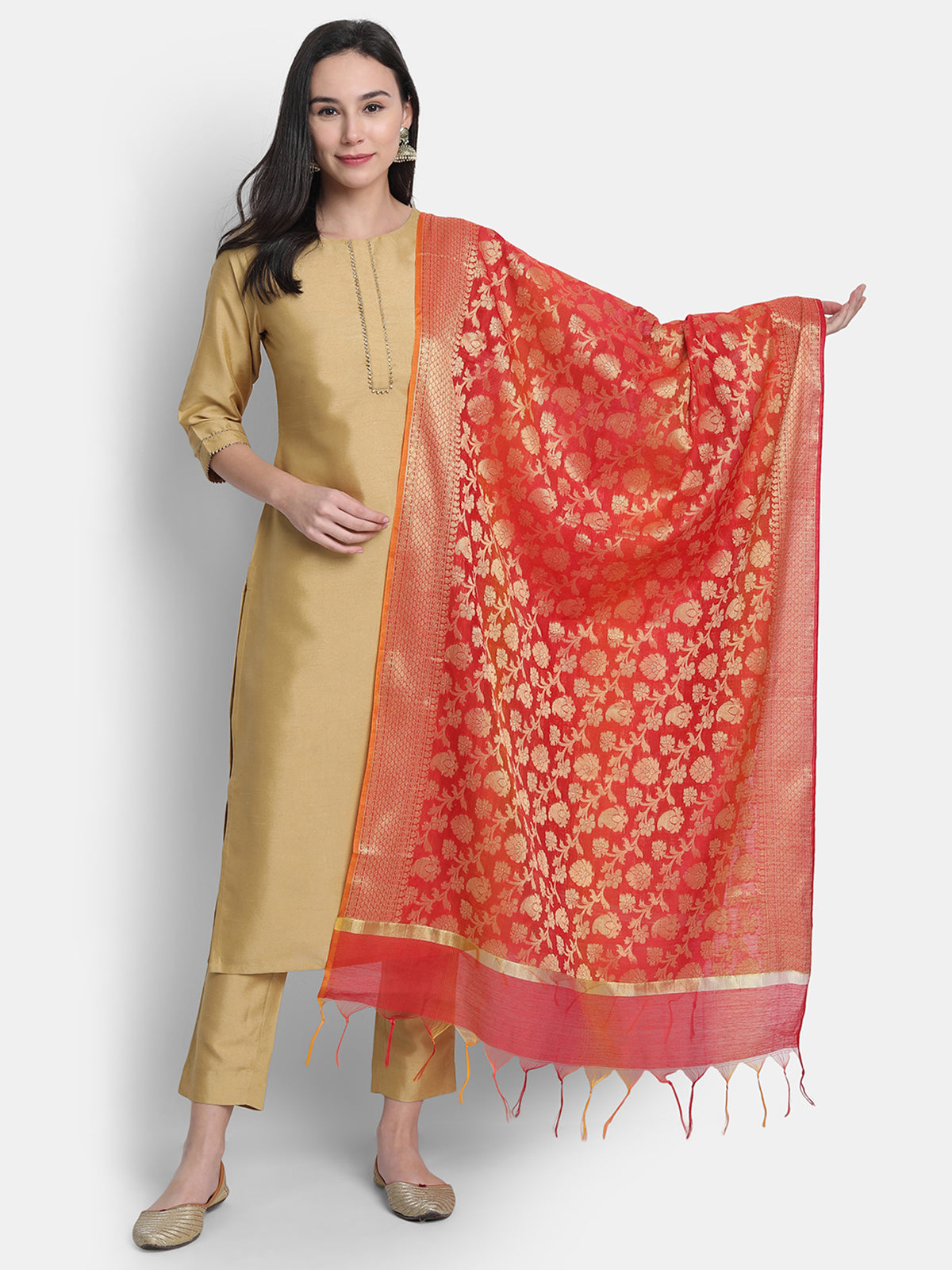 Gold Poly Silk Solid Kurta with Pant and Dupatta