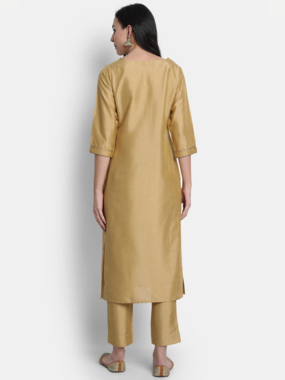 Gold Poly Silk Solid Kurta with Pant and Dupatta