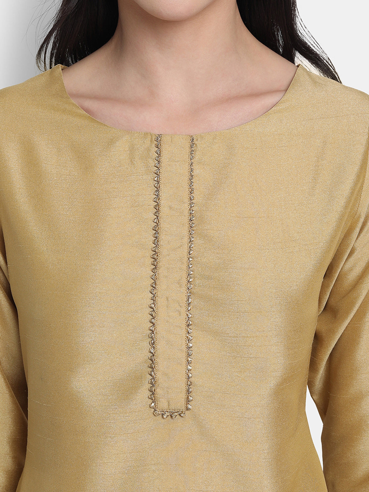 Gold Poly Silk Solid Kurta with Pant and Dupatta