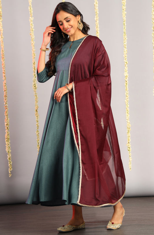 Grey Poly Silk Solid Kurta with Dupatta