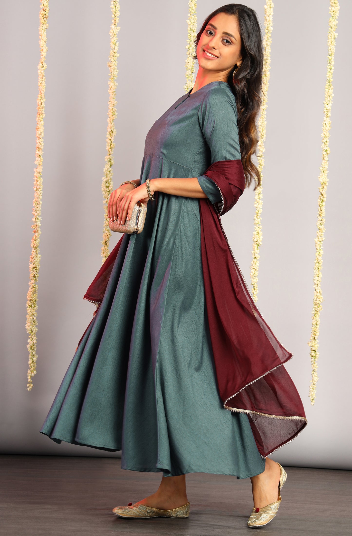 Grey Poly Silk Solid Kurta with Dupatta